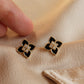 14K Solid Yellow Gold Black Onyx Clover Earrings