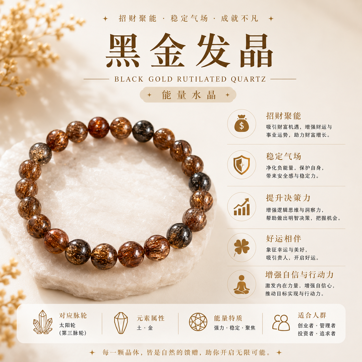 满色黑金发晶 (黑金超) Black Gold Rutilated Quartz Bracelet