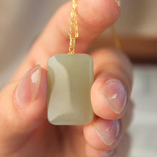 Lucky Rectangle Natural Jade Pendant Necklace