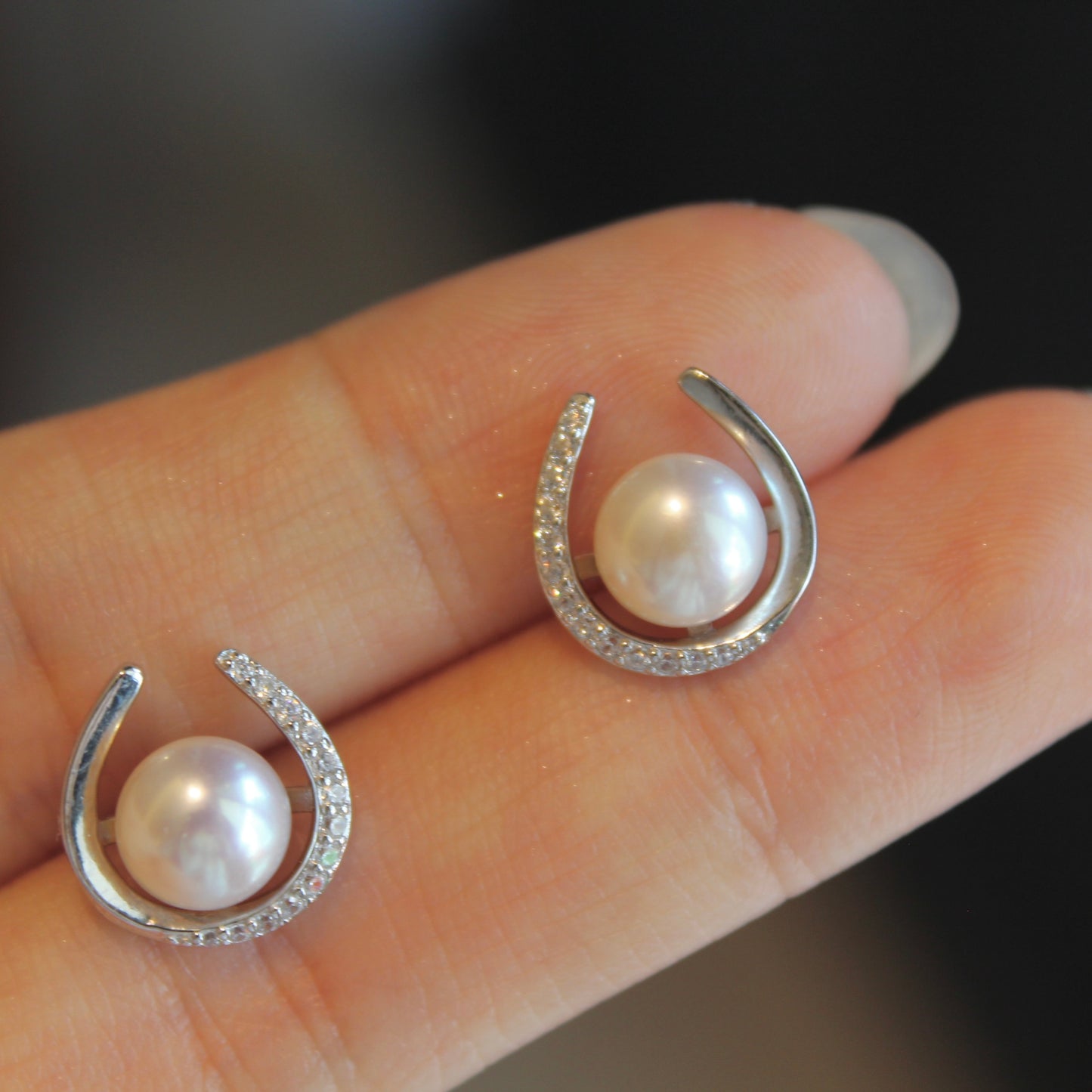 Lucky Horseshoe Pearl Earrings, Sterling Silver