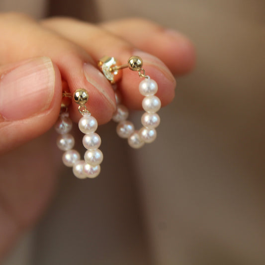 14K Solid Gold Round Pearl Hoop Earrings