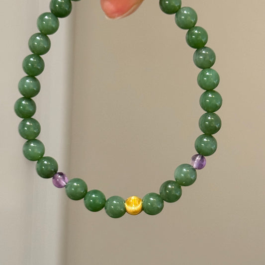 18K Solid Gold Natural Green Jade & Amethyst Bracelet