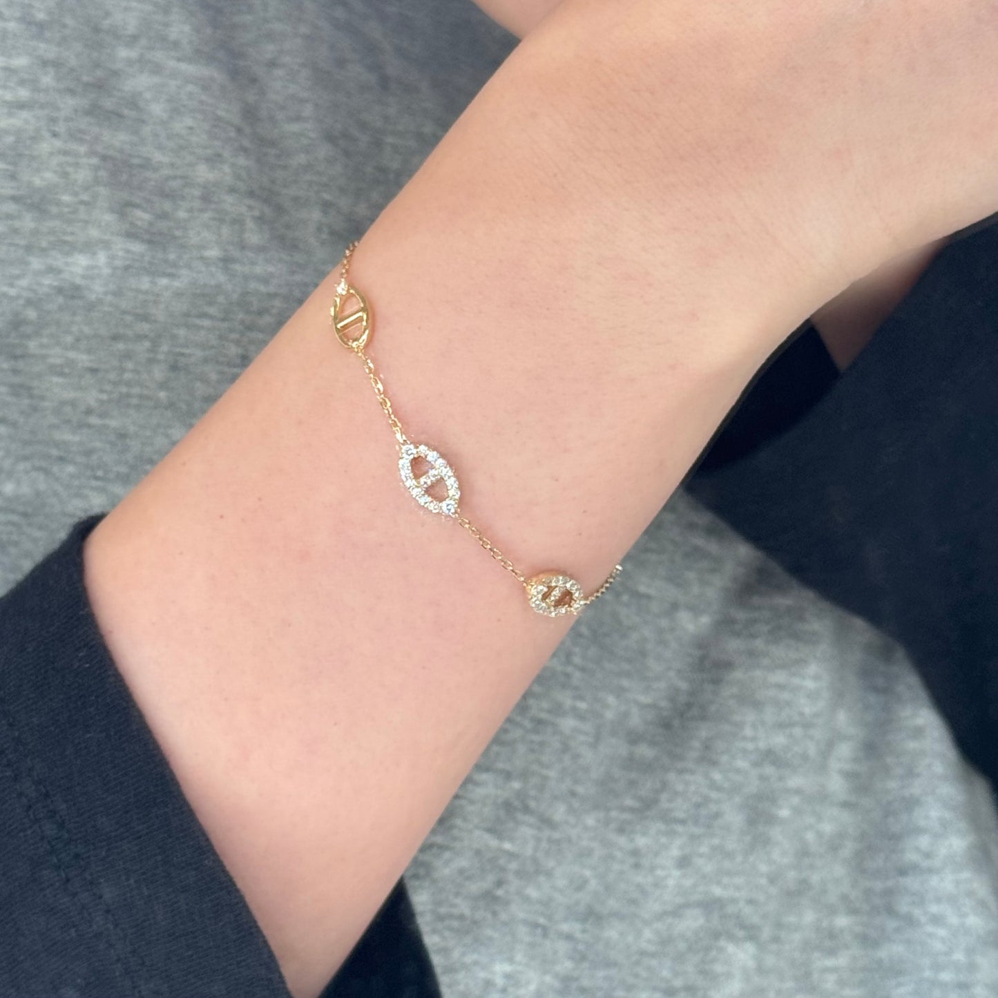 14K Solid Gold Spark Link Bracelet猪鼻子