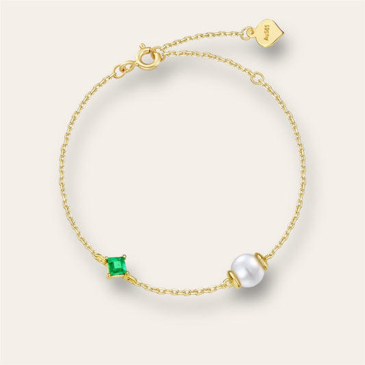 14K Solid Gold, Natural Emerald & Pearl Bracelet