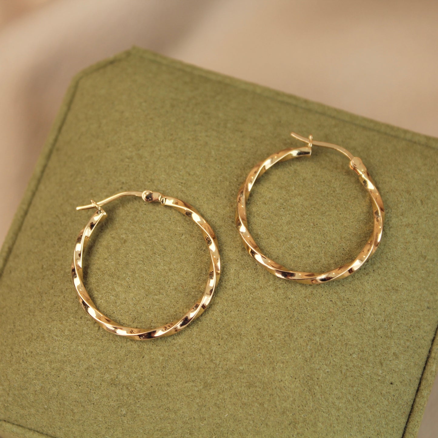 18K Solid Gold Twisted Hoop Earrings, 24mm