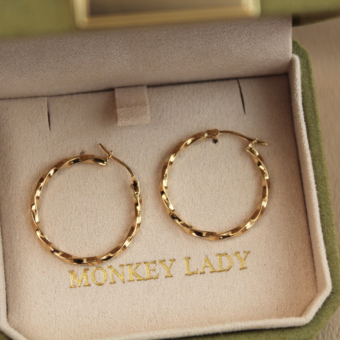 18K Solid Gold Twisted Hoop Earrings, 24mm