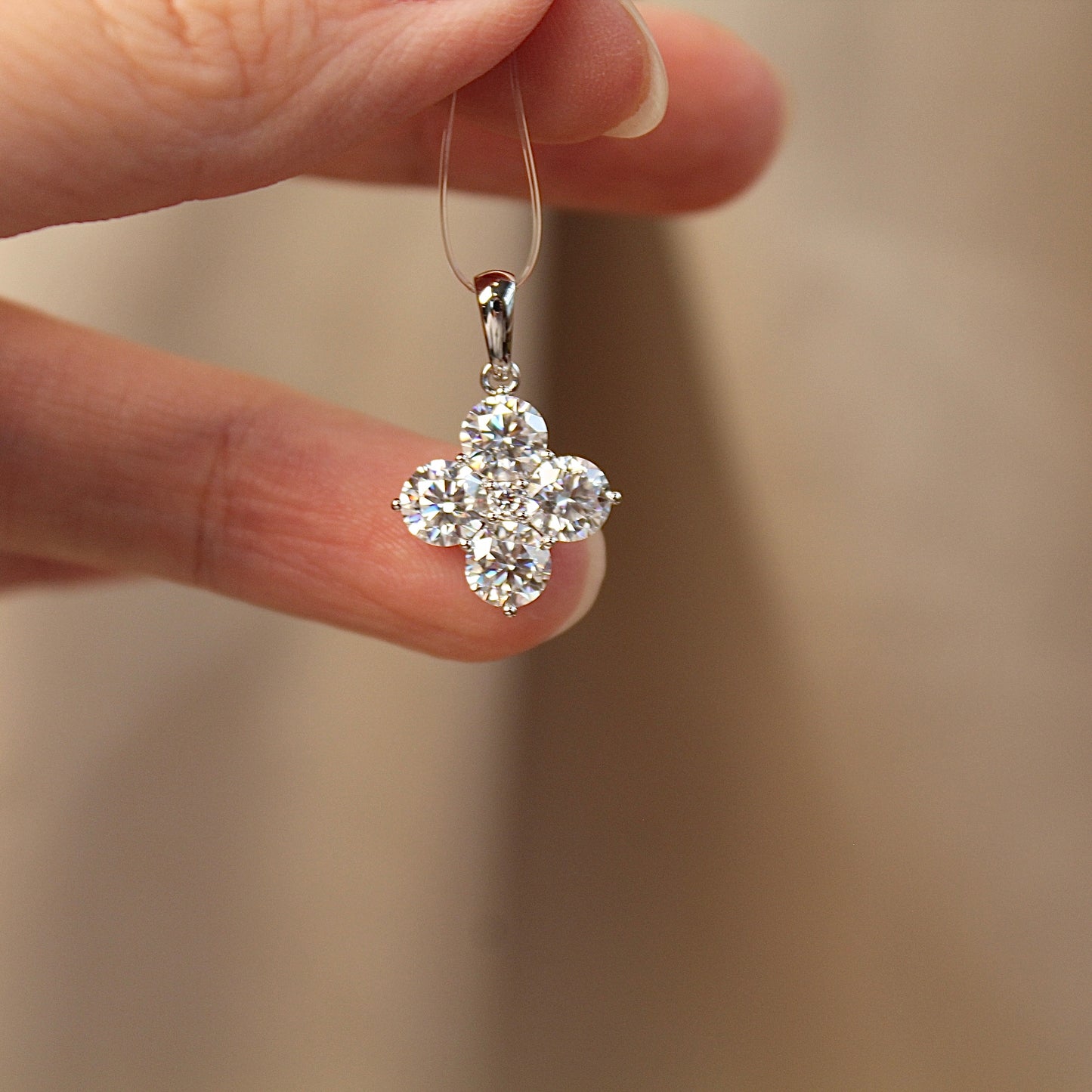 14K Solid White Gold Sparkling Clover Pendant