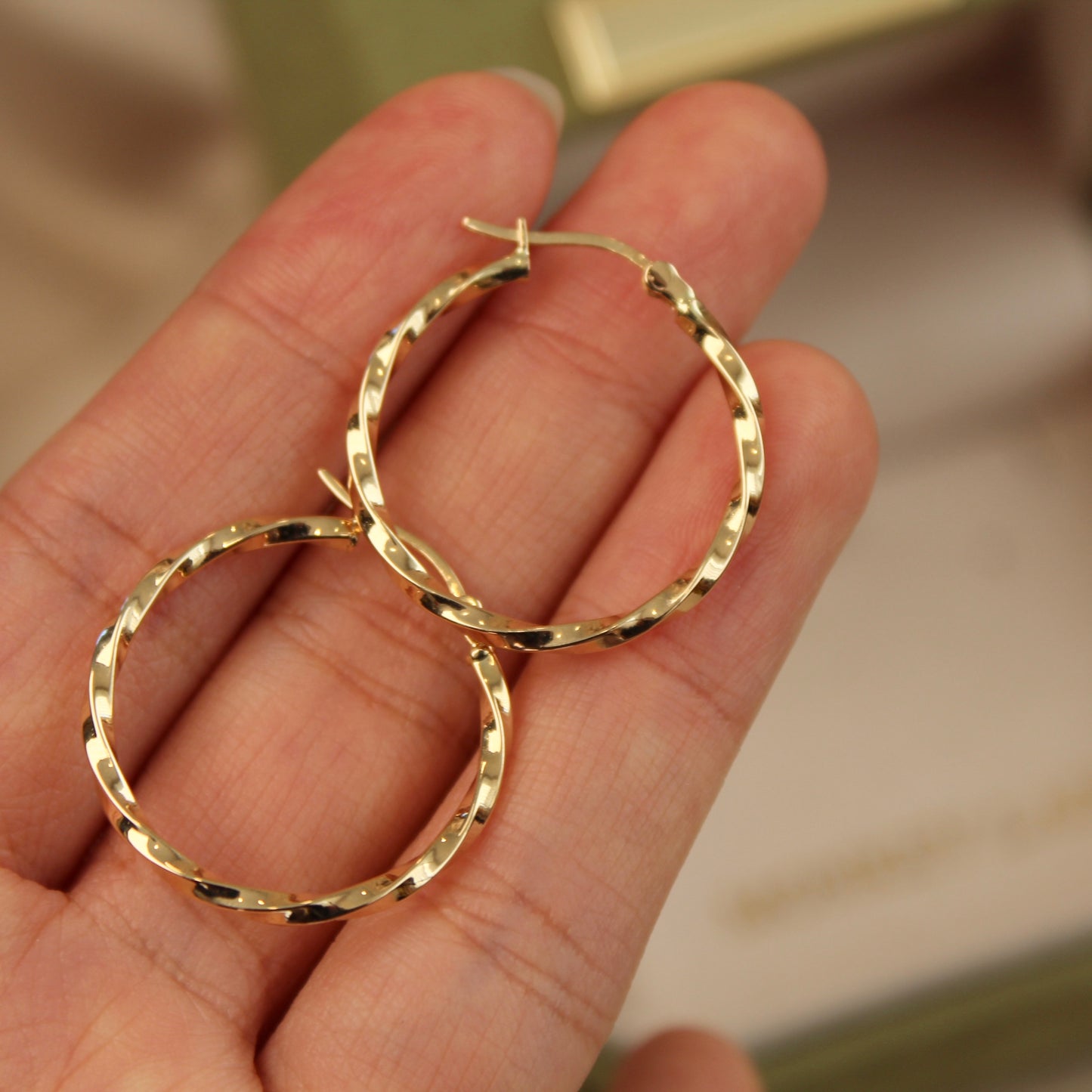 18K Solid Gold Twisted Hoop Earrings, 24mm