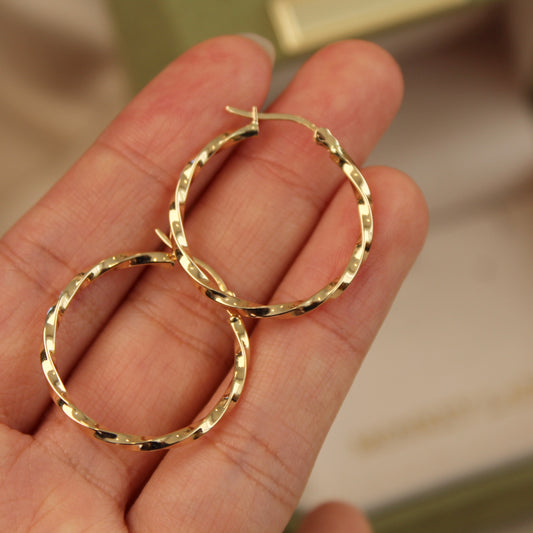 18K Solid Gold Twisted Hoop Earrings, 24mm