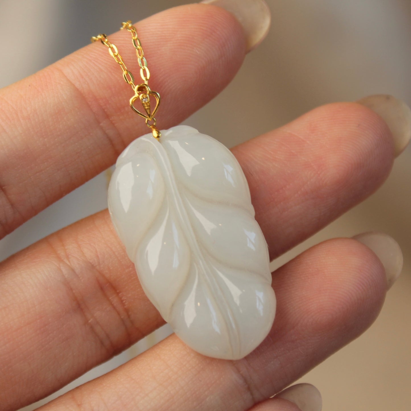 Engraved Leaf Natural Jade Pendant Necklace