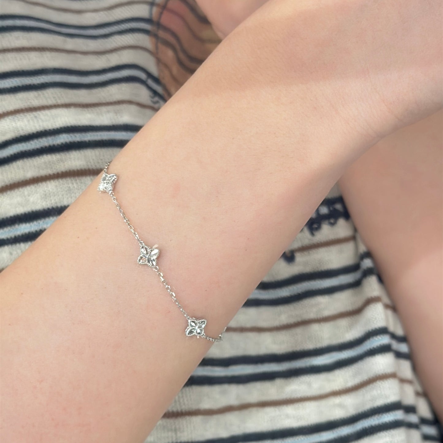 14K Solid White Gold Clover Bracelet 双面车花工艺