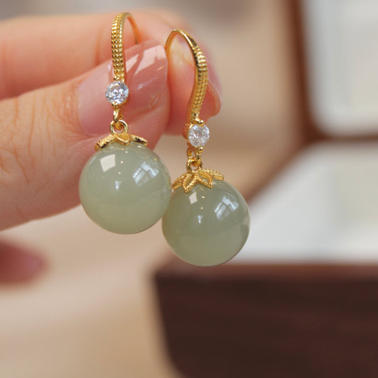 Quality Natural Light Green Jade Earrings, 12mm