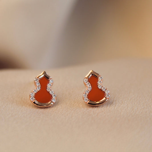 14K Solid Rose Gold Red Agate Hulu Earrings