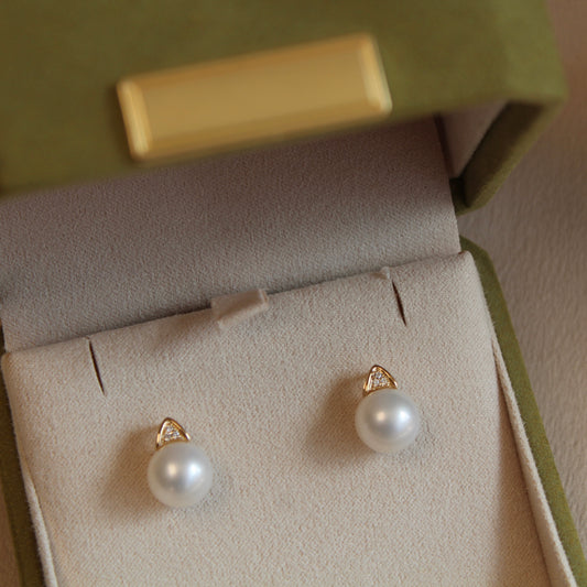 14K Solid Gold Crown Natural Pearl Earrings