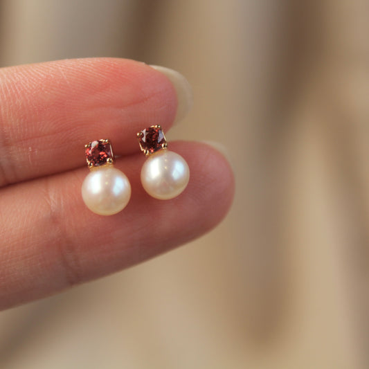 Garnet & Round Pearl Stud Earrings