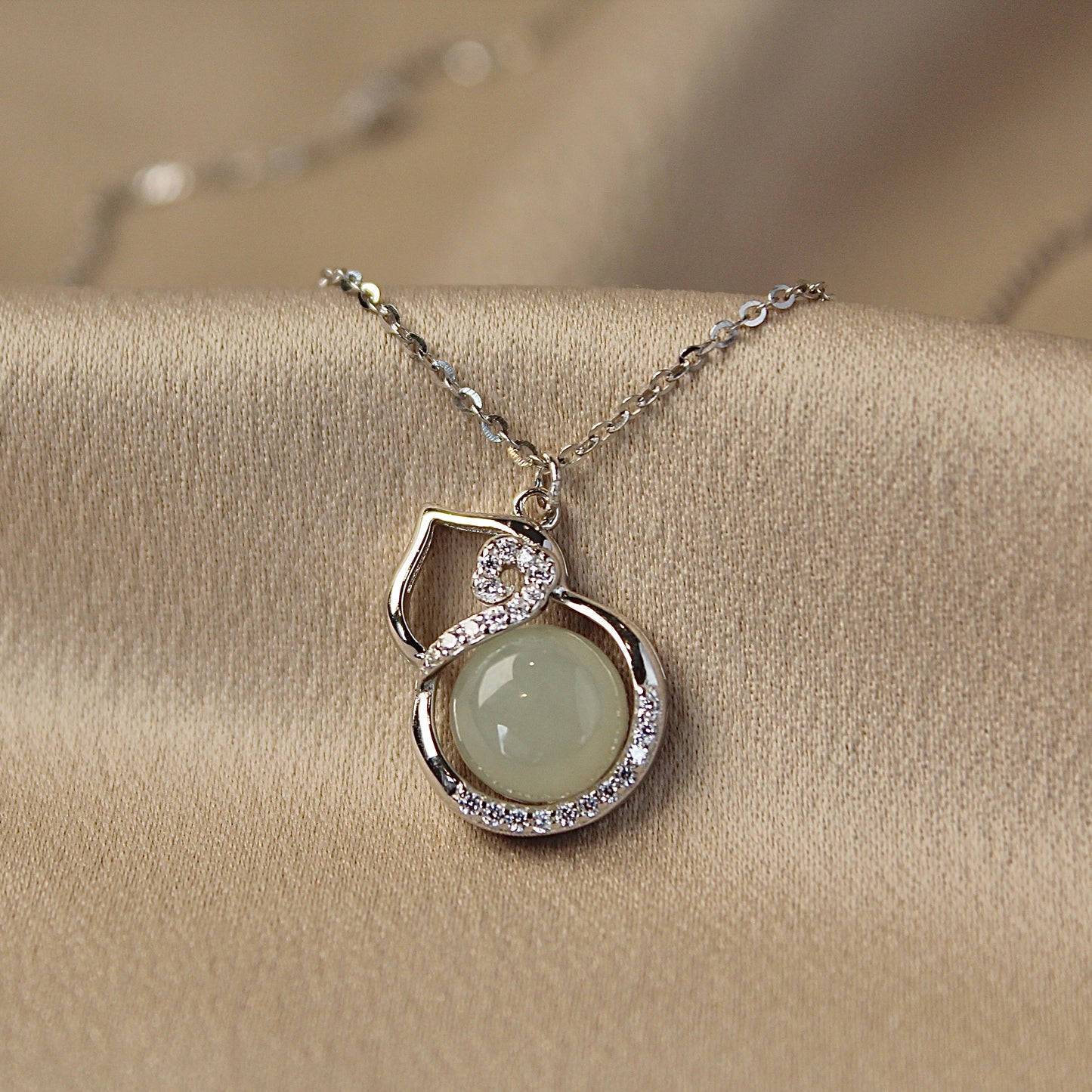 Lucky Hulu Natural Jade Necklace, Sterling Silver