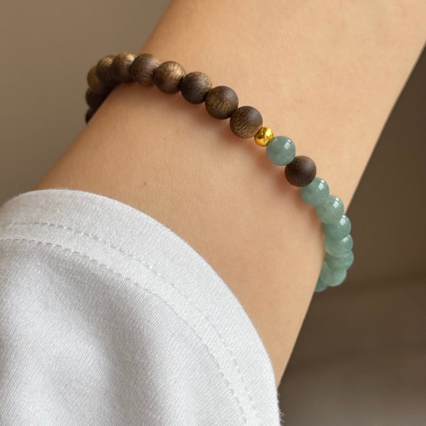 足金翡翠沉香Solid Gold Natural Jadeite and Agarwood Bracelet