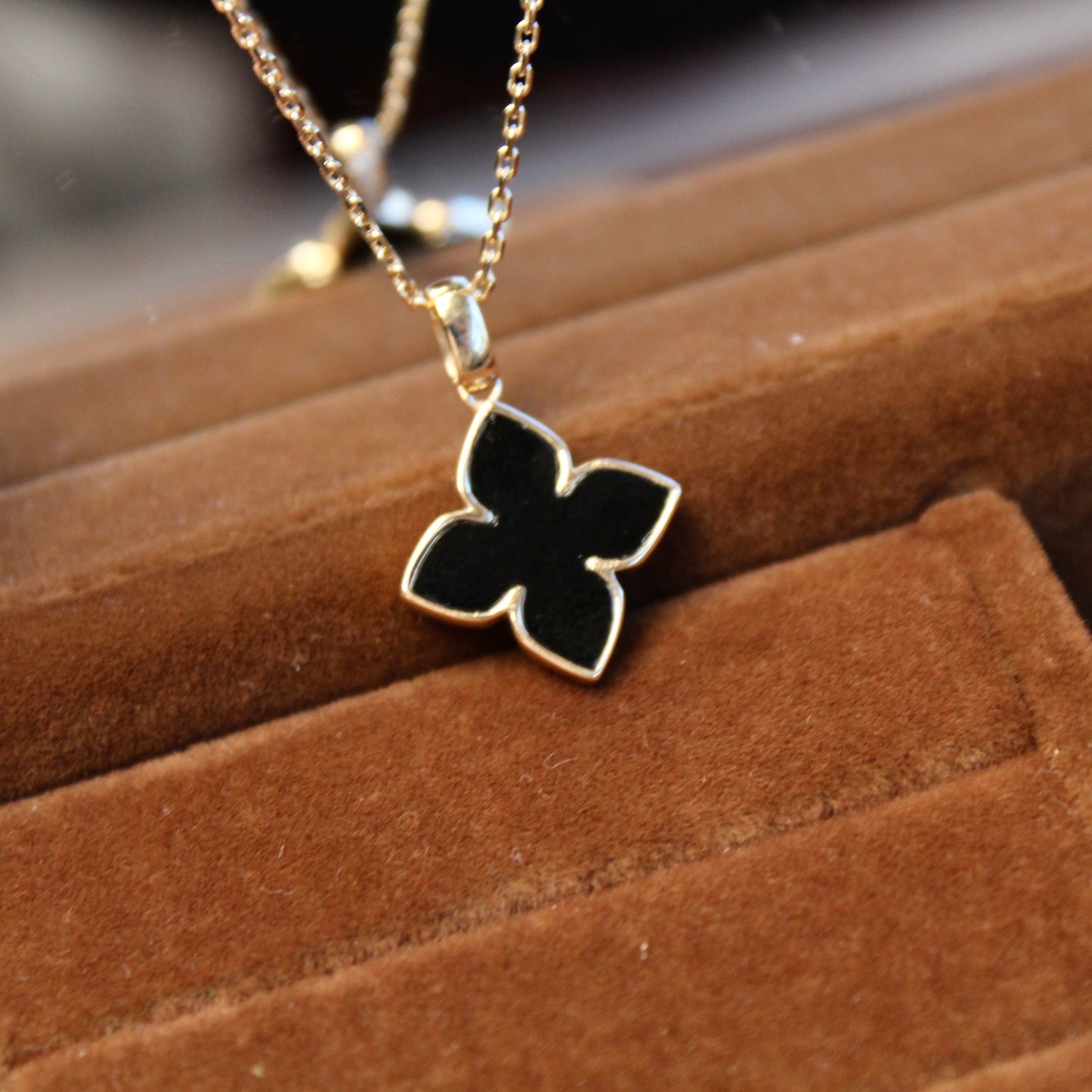 14K Solid Gold Black Onyx Clover Pendant