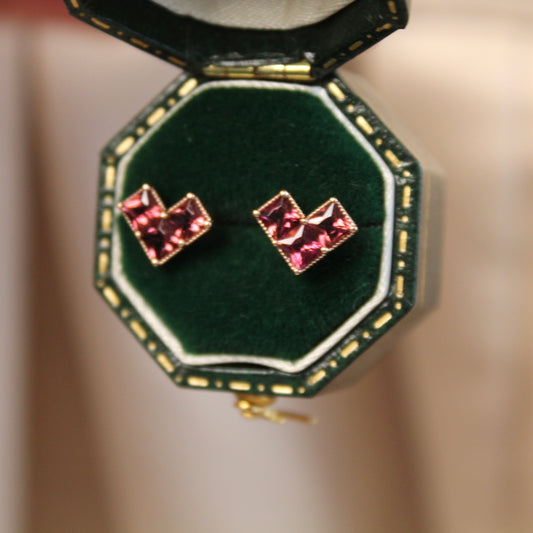 14K Solid Rose Gold Tourmaline Heart Earrings碧玺