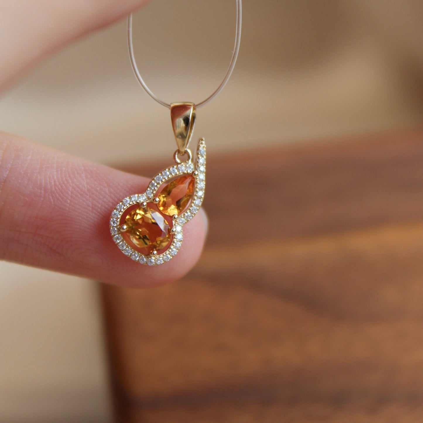 14K Solid Gold Natural Citrine Hulu Pendant