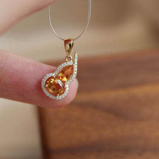 14K Solid Gold Natural Citrine Hulu Pendant