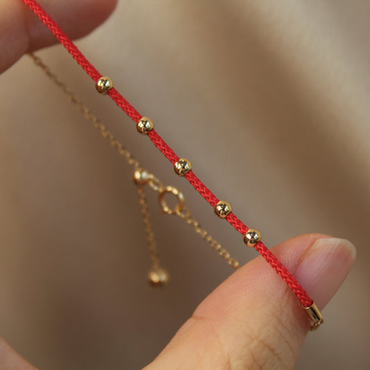 14K Solid Gold Lucky Bead Red Bracelet 转运金珠