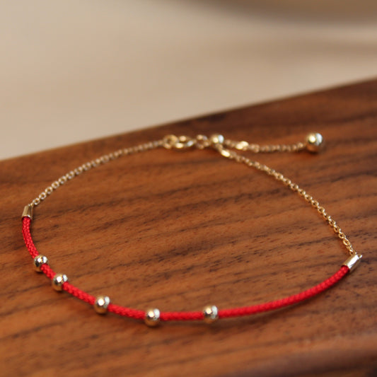 14K Solid Gold Lucky Bead Red Bracelet 转运金珠