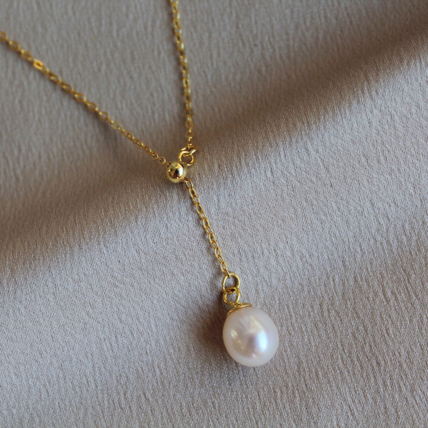 Y-Line Rice Pearl Necklace, Adjustable Sterling Silver Necklace