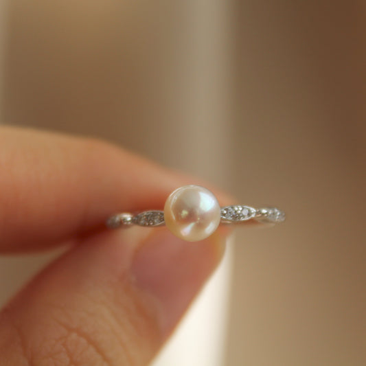 Sparkling Sterling Silver Pearl Ring, Adjustable