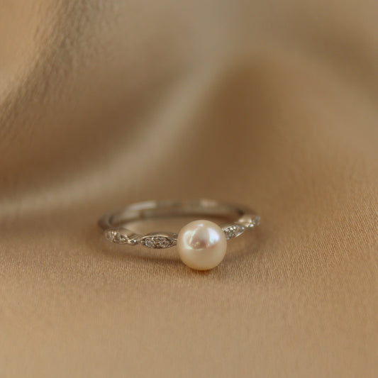 Sparkling Sterling Silver Pearl Ring, Adjustable