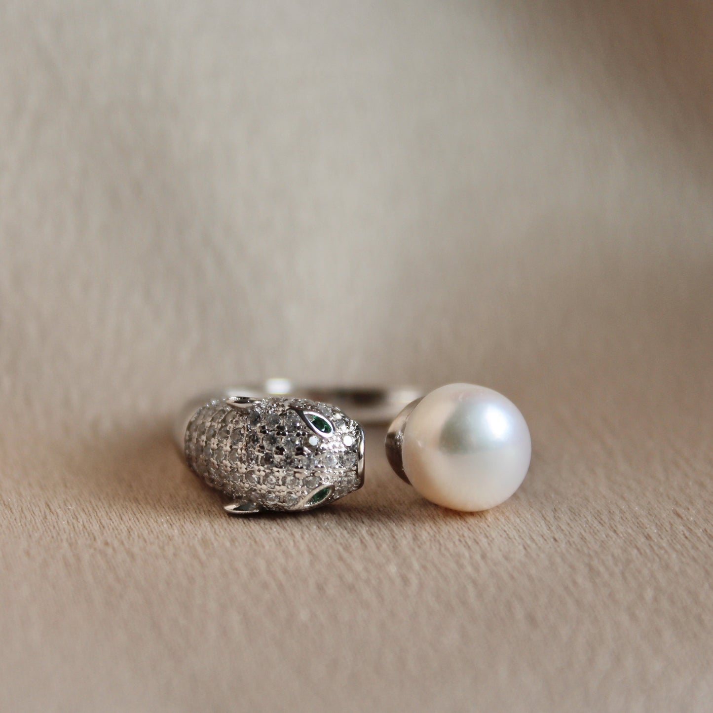 Leopard Sterling Silver Pearl Ring, Adjustable