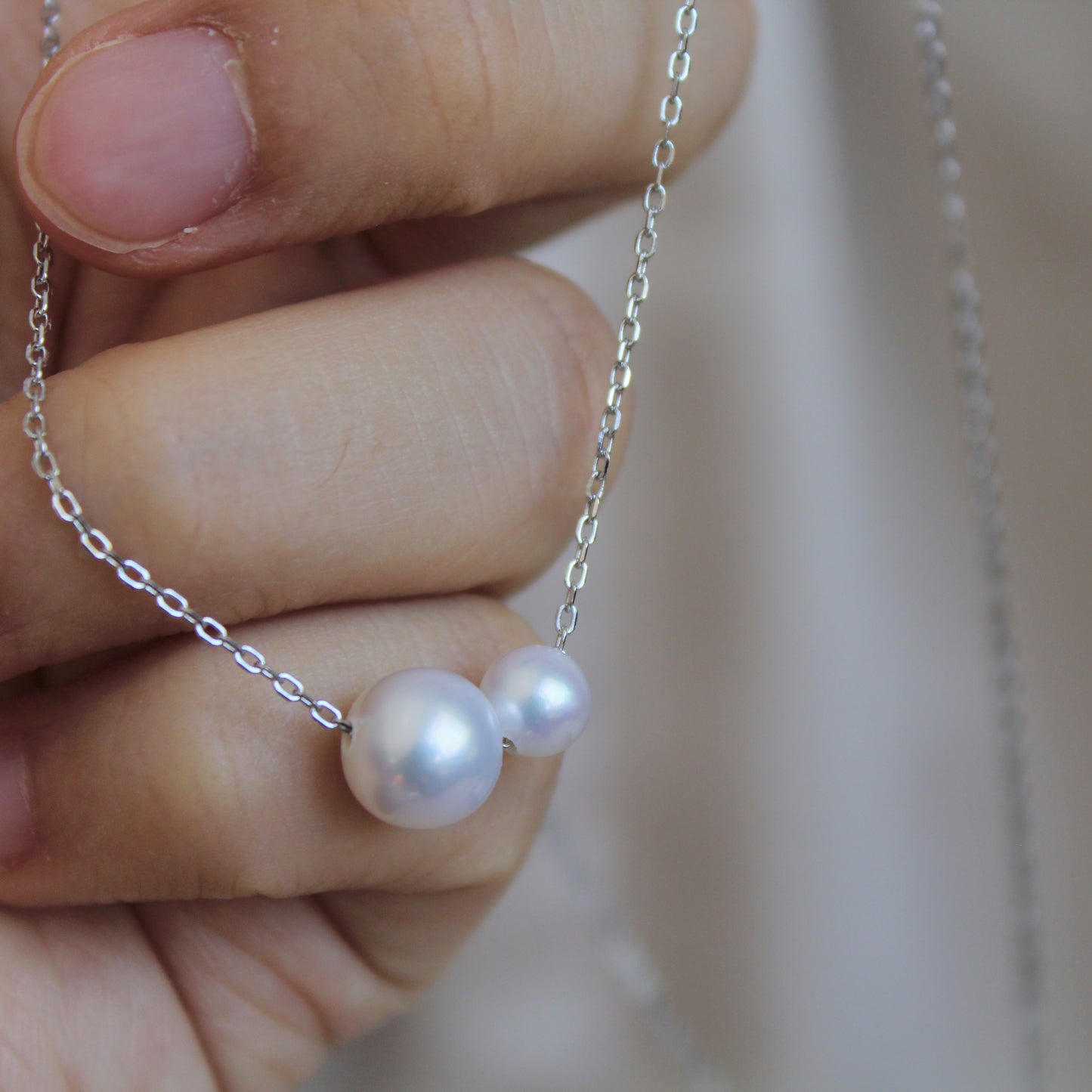 Double Pearl Sterling Silver Necklace, Perfect Round