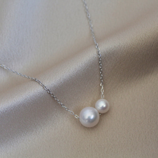 Double Pearl Sterling Silver Necklace, Perfect Round