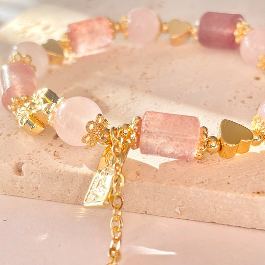 Pink Lady Rose Quartz Bracelet, Strawberry Quartz Crystal Bracelet
